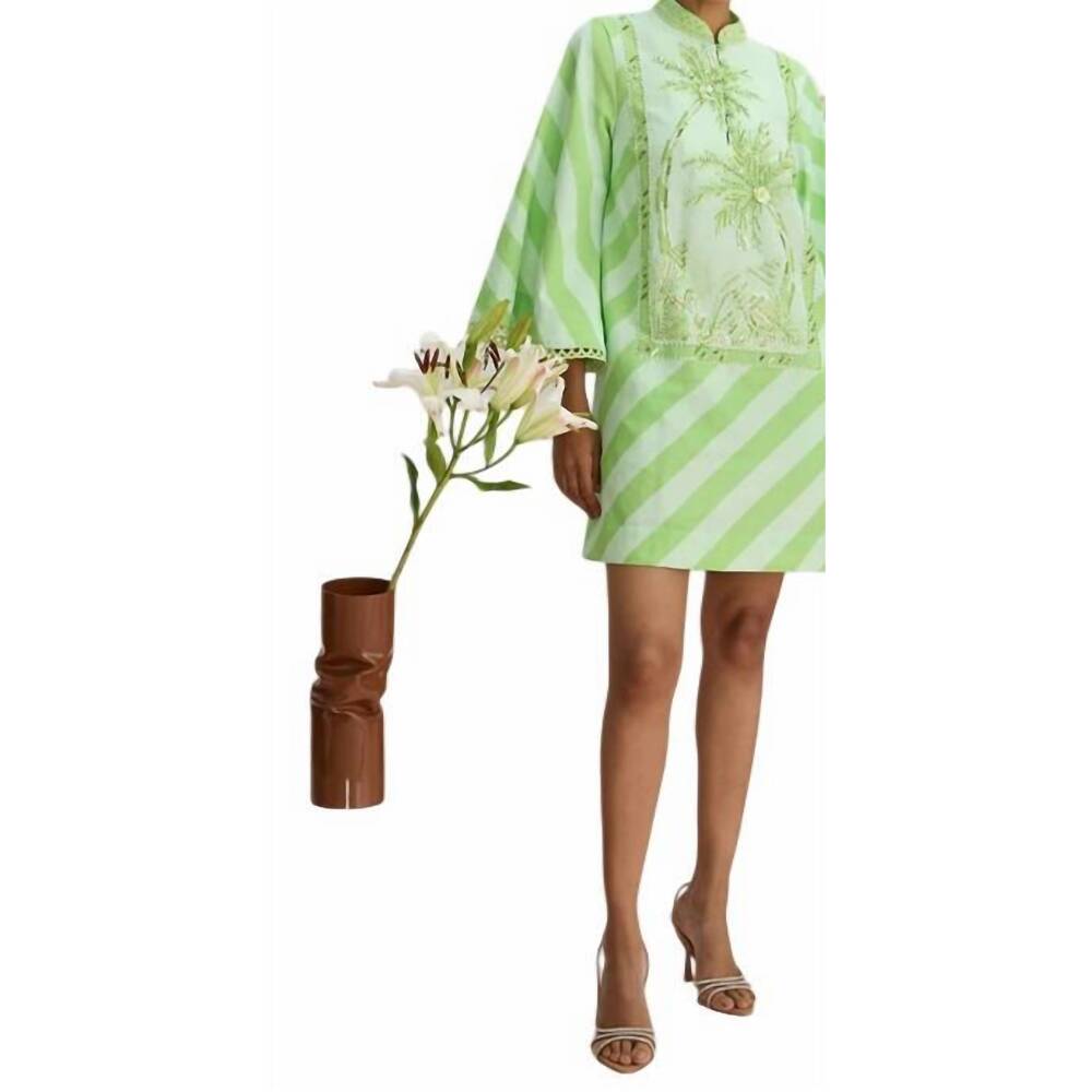 NEW VERANDAH hand beaded kaftan mini dress in pistachio and celadon palm and she